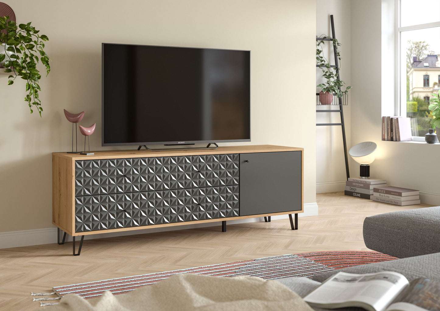 Meuble TV PRISMA (L/H/P : env. 164/56/40 cm) en imitation chêne Artisan/anthracite mat
