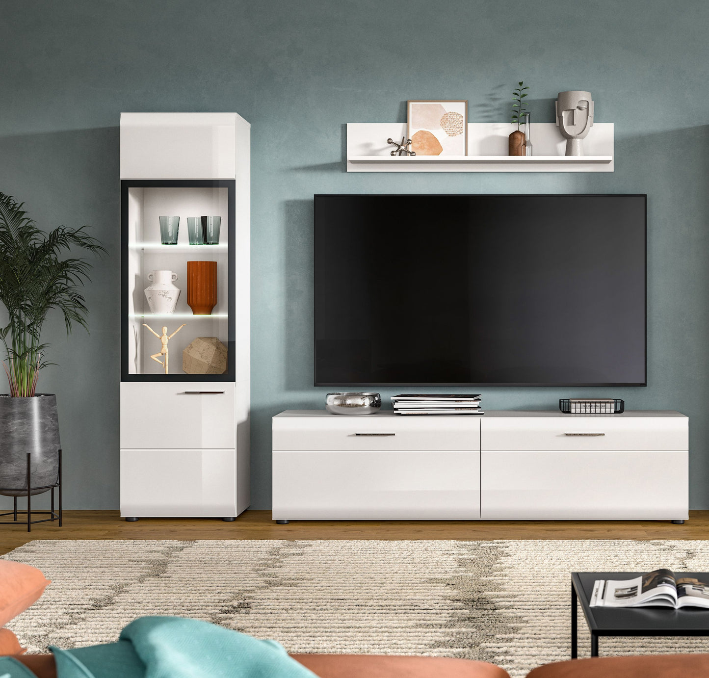 Meuble TV ICE (L/H/P : env. 220/160/41 cm) en blanc/blanc brillant
