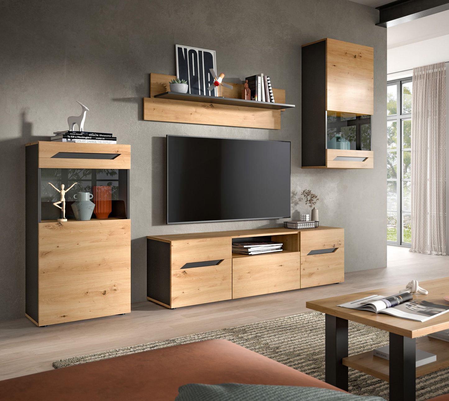 Homes & Jones Wohnwand Set 4-tlg. Lowboard für TV bis zu 70 Zoll, Möbel