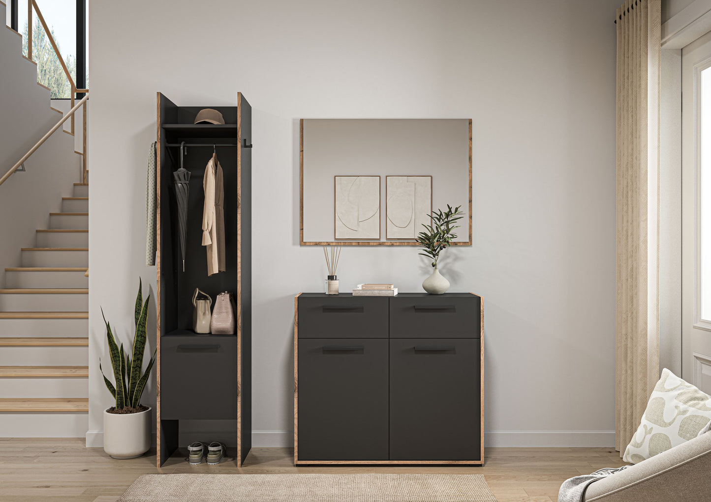 Ensemble de penderie BUENO (L/H/P : env. 152/189/37 cm) en gris basalte/gris basalte