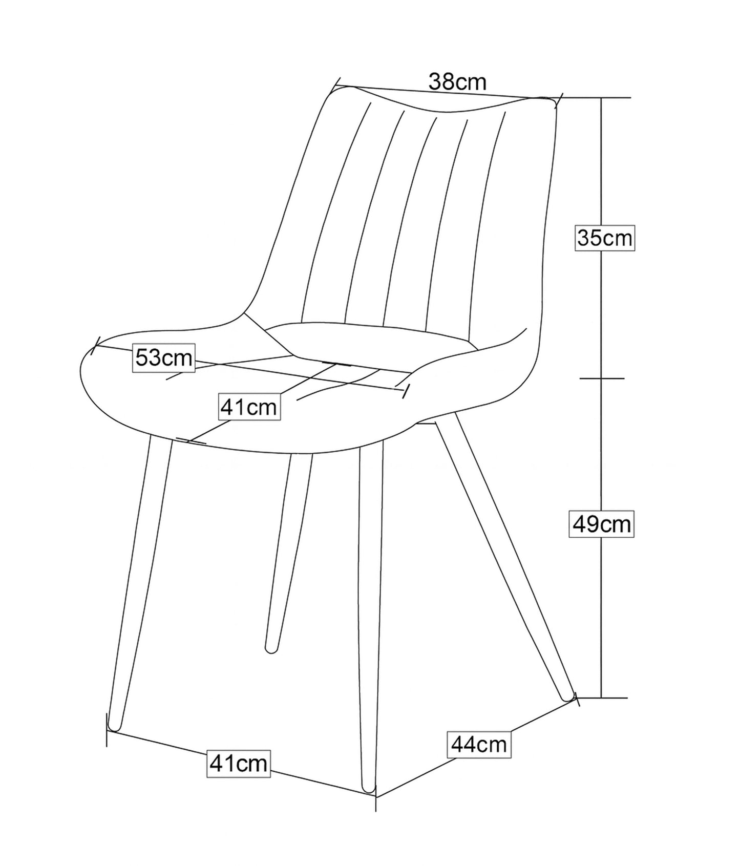 Esszimmerstuhl im 2er-Set, Maßskizze: Rücken 38 cm, Sitzhöhe 35 cm, Höhe 49 cm