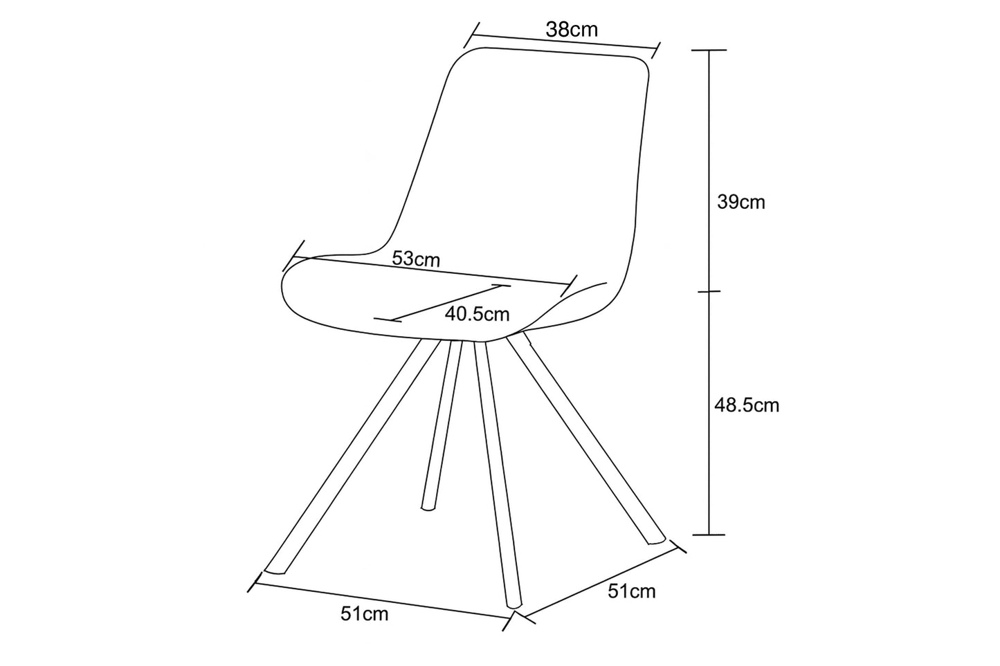Maßskizze des Polsterstuhls: Sitzlänge 40,5 cm, Standbreite je 51 cm