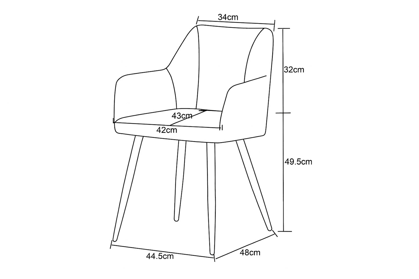 Maßskizze Esszimmerstuhl: Rücken 32 cm hoch, Sitz 42 cm breit, Gesamt 49,5 cm