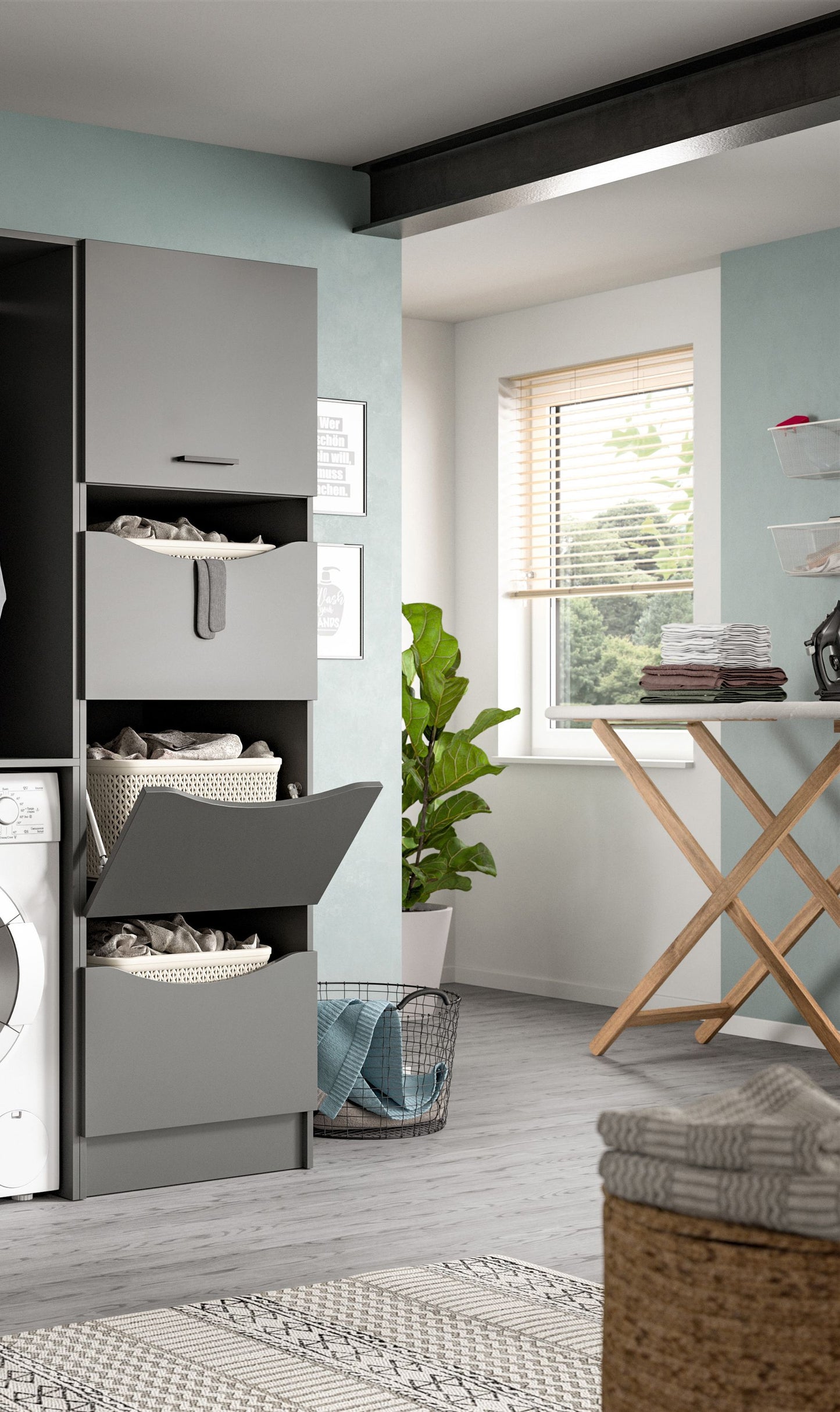 Wäscheschrank mit offenen Klappenfächern und Wäscheeinsätzen, weiß/grau