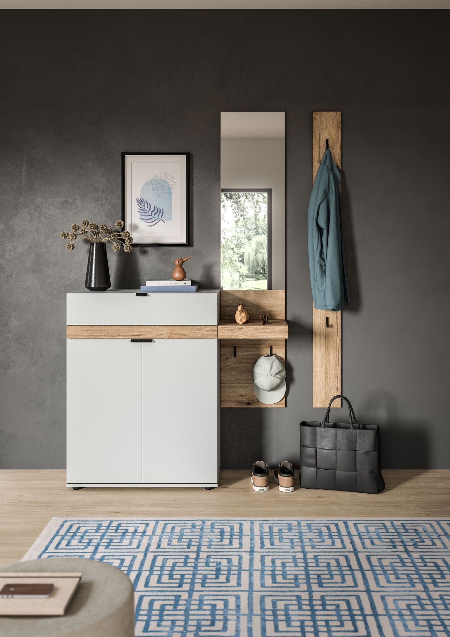 Flurmöbel-Set mit Spiegel, Holzpaneel und hellgrauer Kommode mit Stauraum, Garderobenhaken