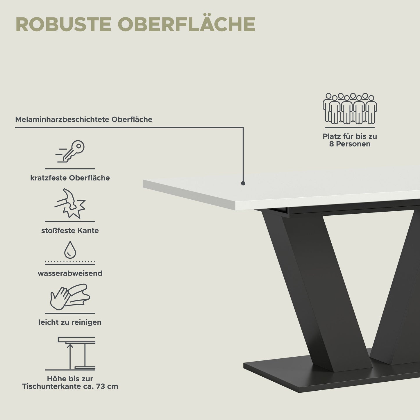 Esstisch mit schwarzem Untergestell und melaminartiger Oberfläche, X-Gestell sichtbar
