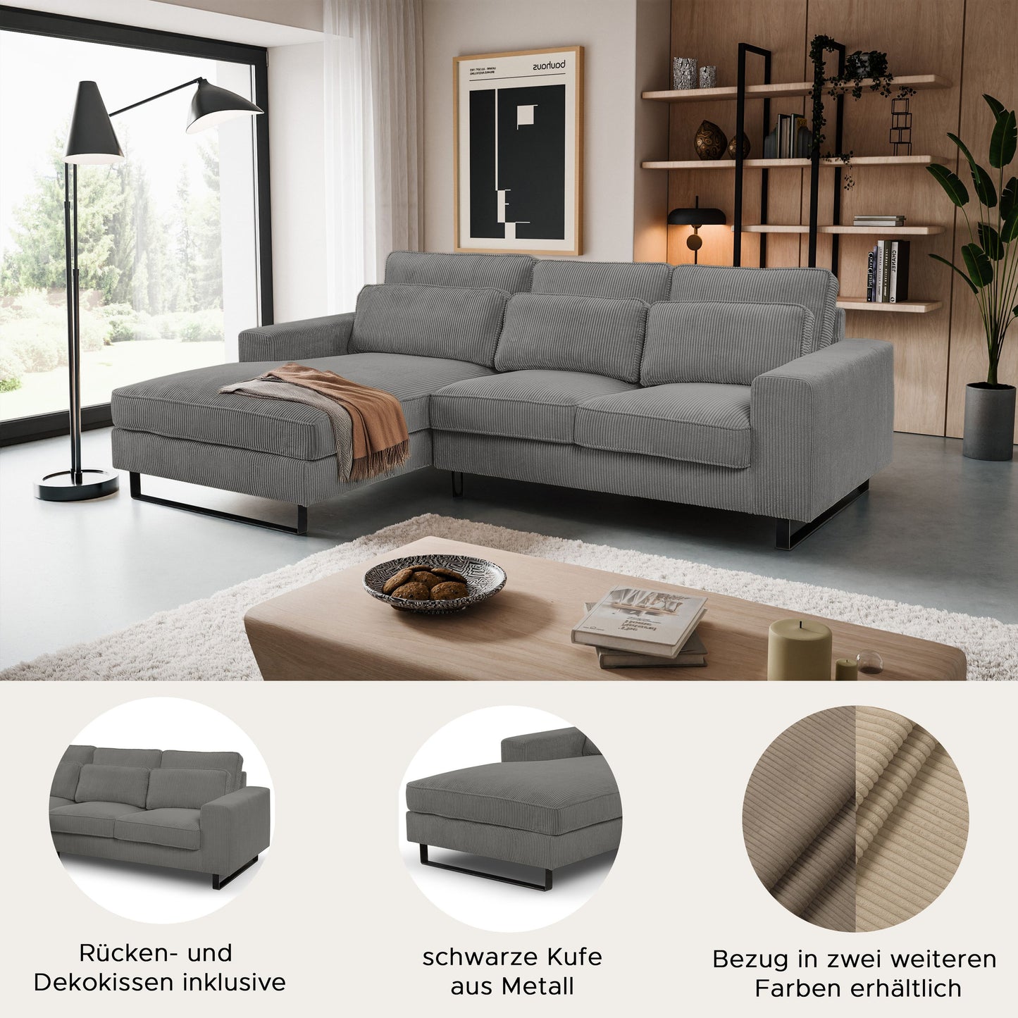 Graues Cord-Ecksofa mit Recamiere, breite Sitzbank, moderne Steppung der Polster