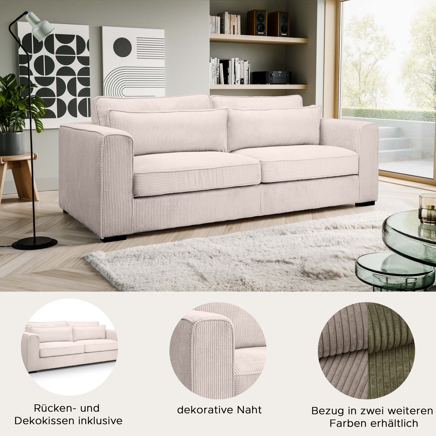 3-Sitzer Cord-Polstersofa mit hellbeigem Stoffbezug, gepolsterten Armlehnen und Rückenkissen