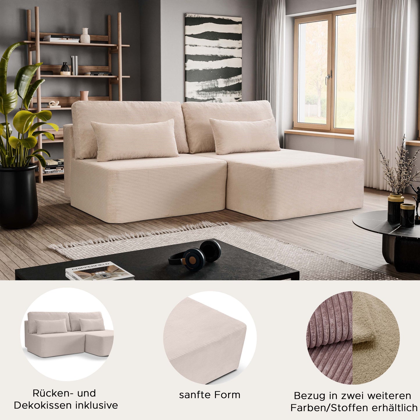Beiges Cord-Schlafsofa mit strukturierter Polsterung und Schlaffunktion