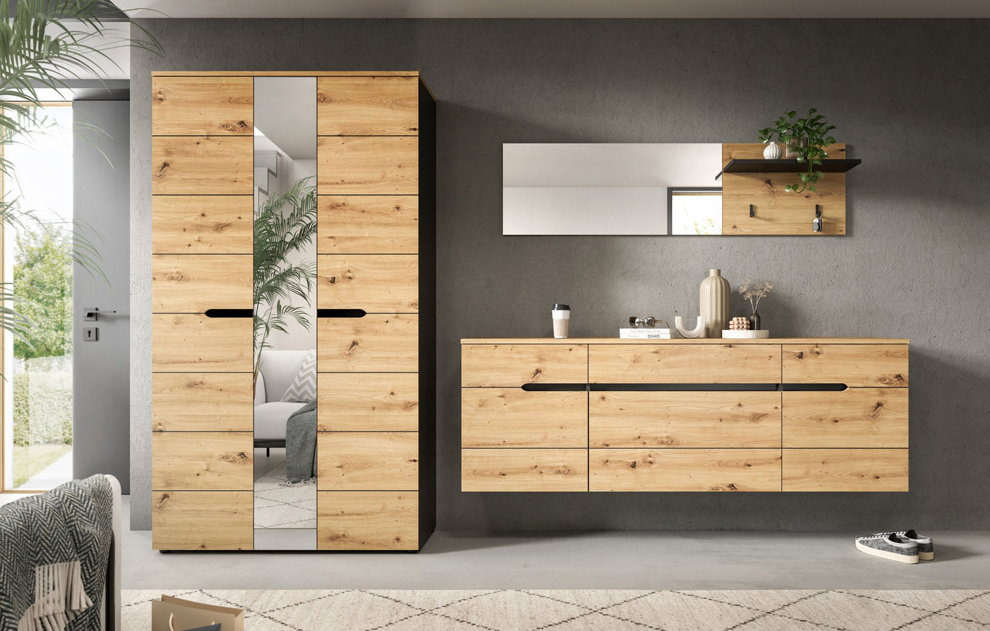 Garderobenset: Schrank mit Spiegel und hängende Kommode, Holzoptik, Metallgriffe