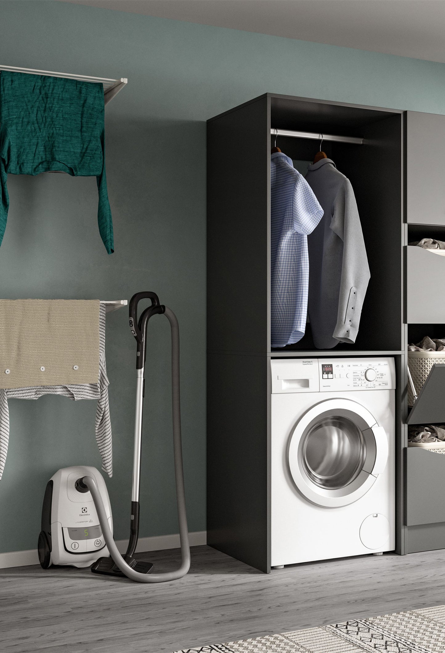 Anthraziter Waschmaschinenschrank mit Kleiderstangenfach und Waschmaschinenfront