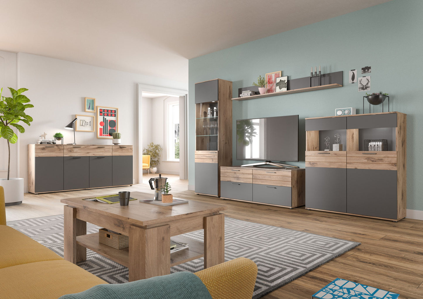 Buffet MASON (L/H/P : env. 200/91/40 cm) en imitation Chêne Nox/gris Basalte