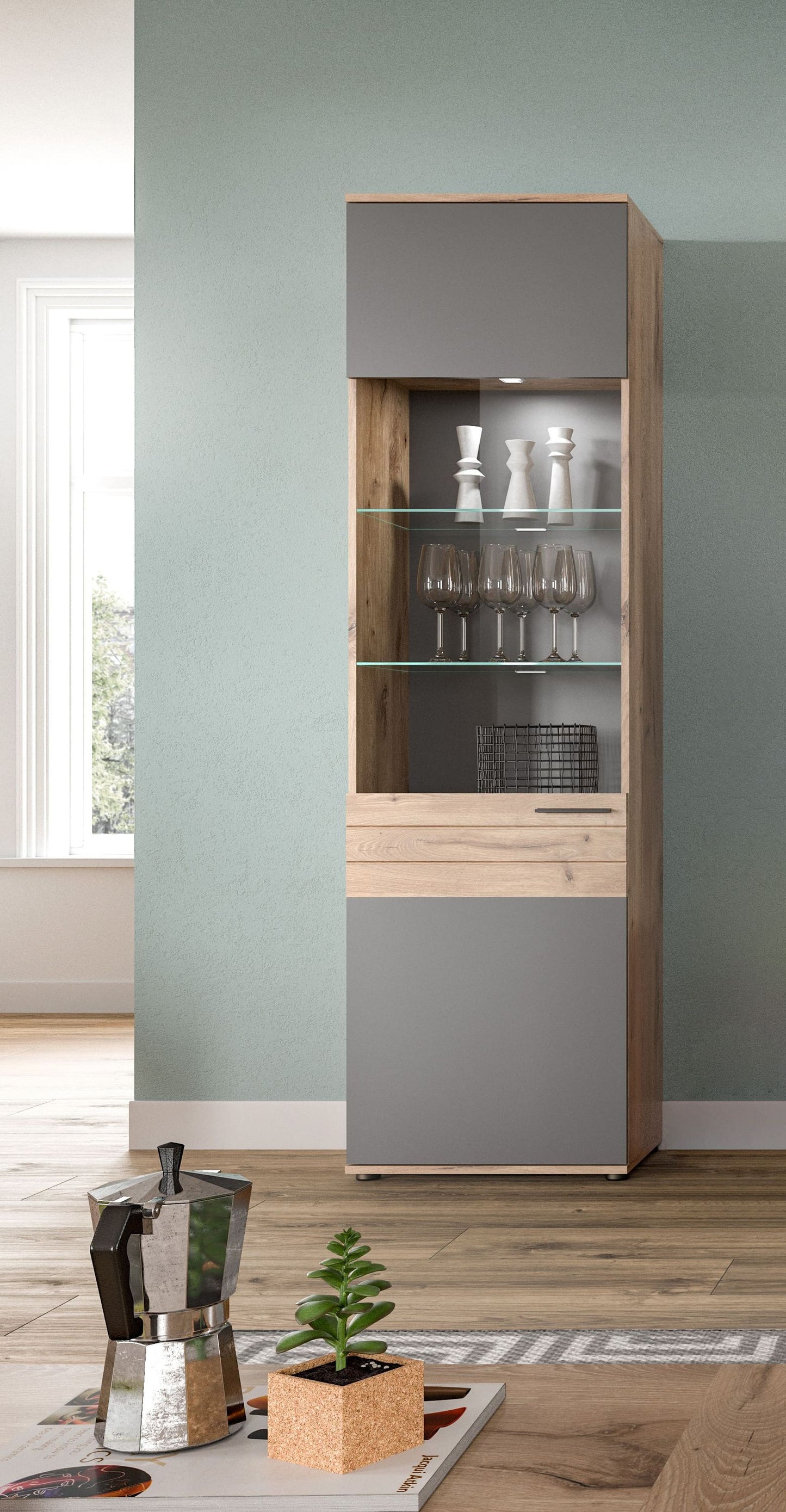 Homes & Jones Vitrine Wohnzimmerschrank, Schrank mit Holz-Glastür
