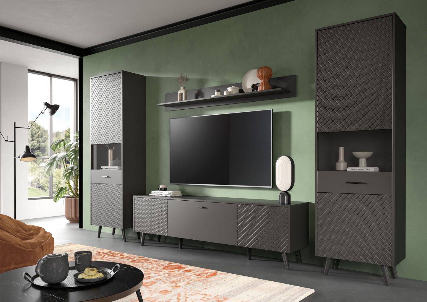 Homes & Jones Wohnwand Set 4-tlg. matt Grau, Lowboard für TV bis zu 70 Zoll