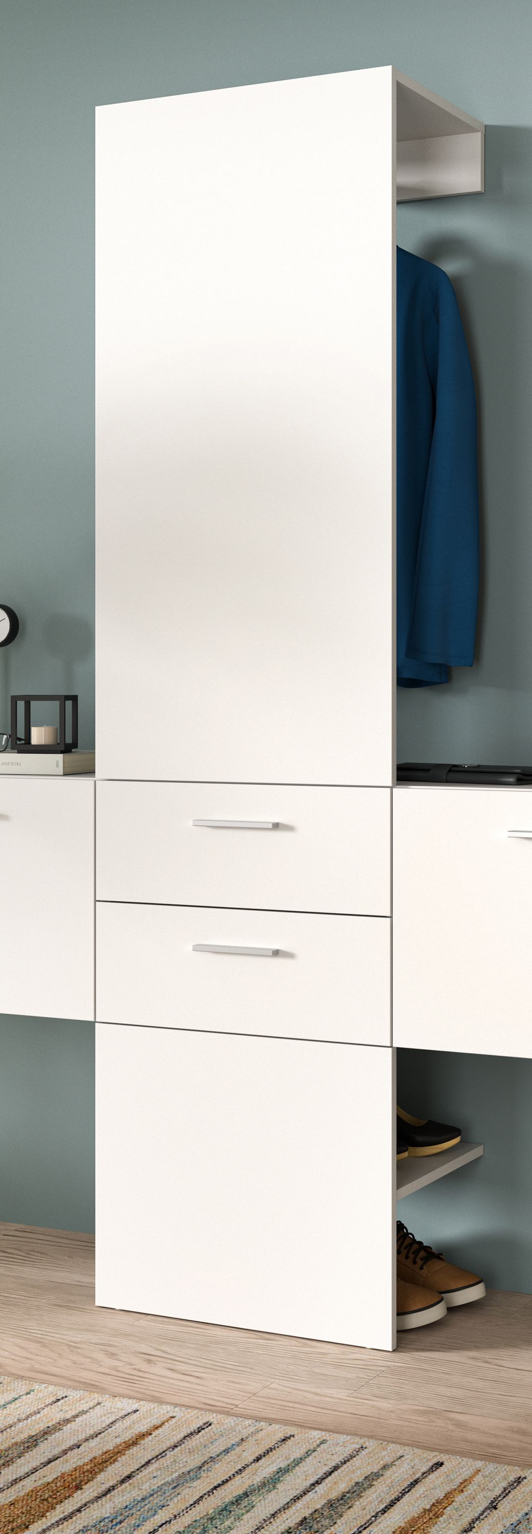 Kompaktgarderobe mit offenen Fächern, Kleiderstange und Schubfächern, weiße Front