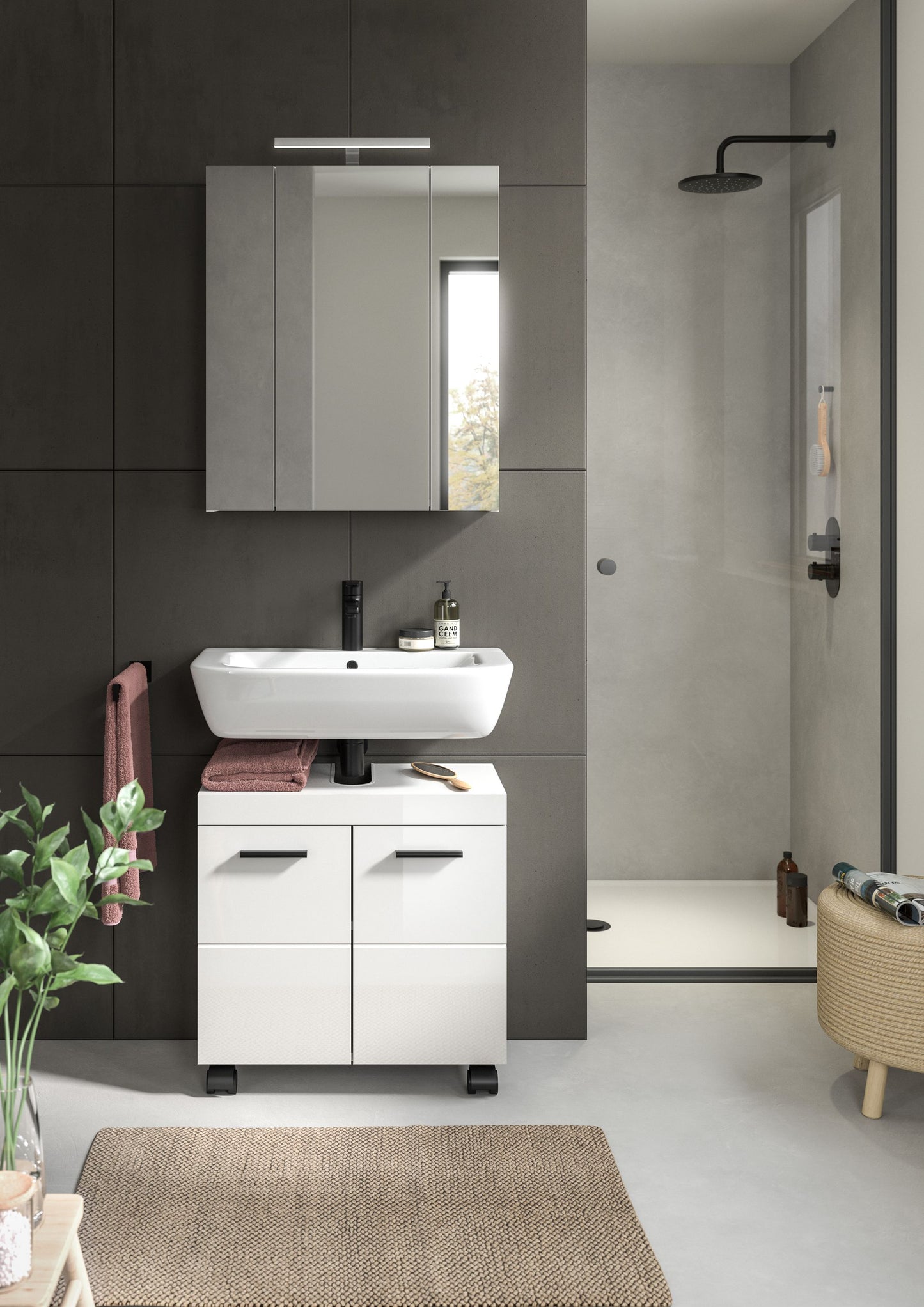 Ensemble de salle de bain avec éclairage NOVA (L/H/P : env. 60/191/30 cm) en blanc/blanc brillant
