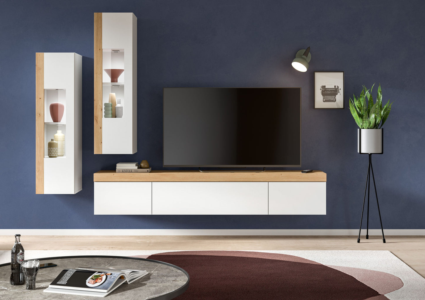 Homes & Jones Wohnwand 3-tlg. weiß, Lowboard für TV bis 70 Zoll geeignet