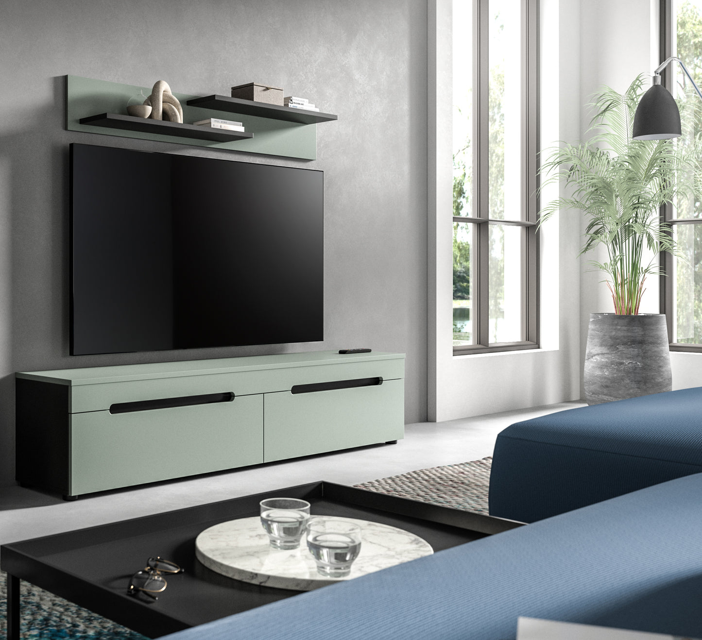 Meuble bas avec étagère murale CANU (L/H/P : env. 170/38/33 cm) en gris basalte/vert fumée