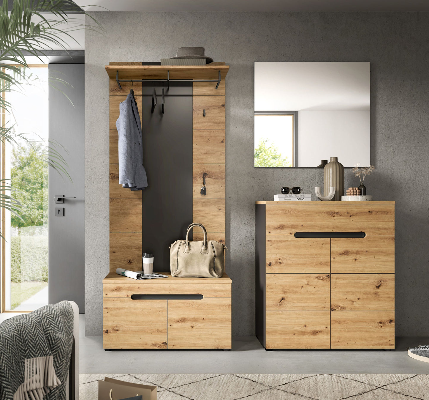 Homes & Jones Garderobenset 4-tlg., 1x Paneel, Sitzbank, Kommode und Spiegel