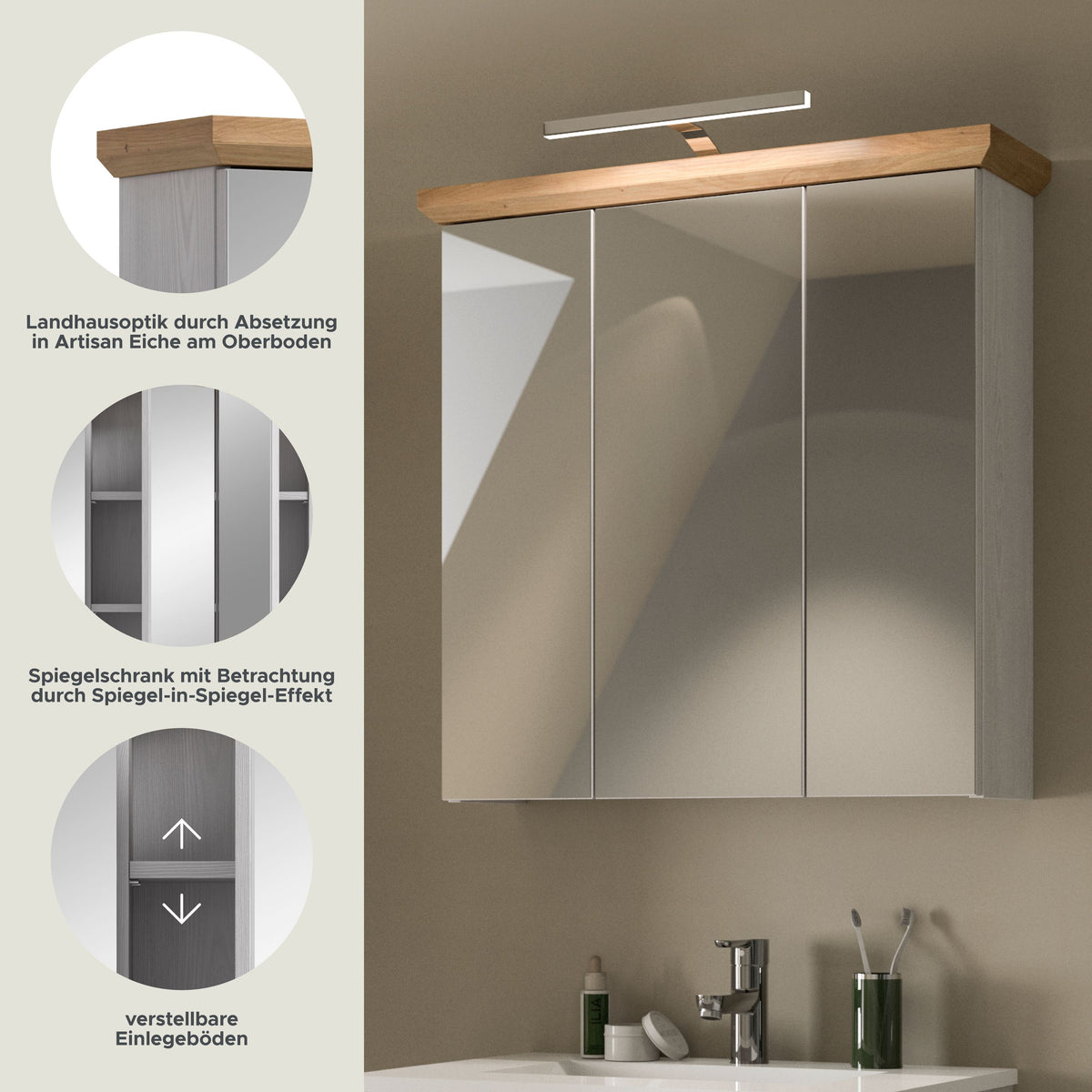 Mirror Cabinet with lighting VERONA (W/H/D: approx. 69/71/21 cm) in Sibiu Larch replica/Sibiu Larch replica