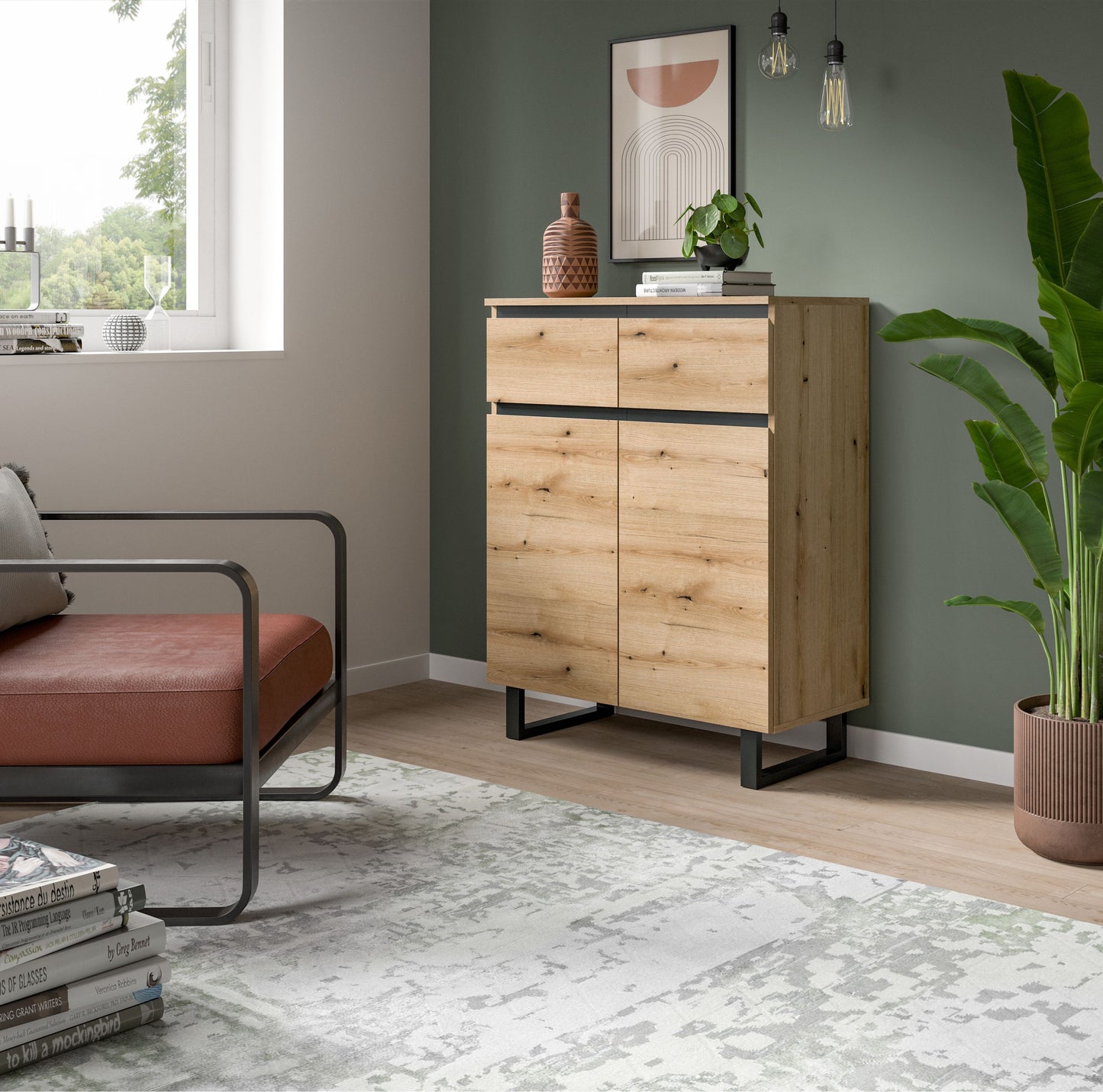 Kommode 80 cm Eichefarben, zwei Schubladen und zwei Türen, schwarze Standfüße
