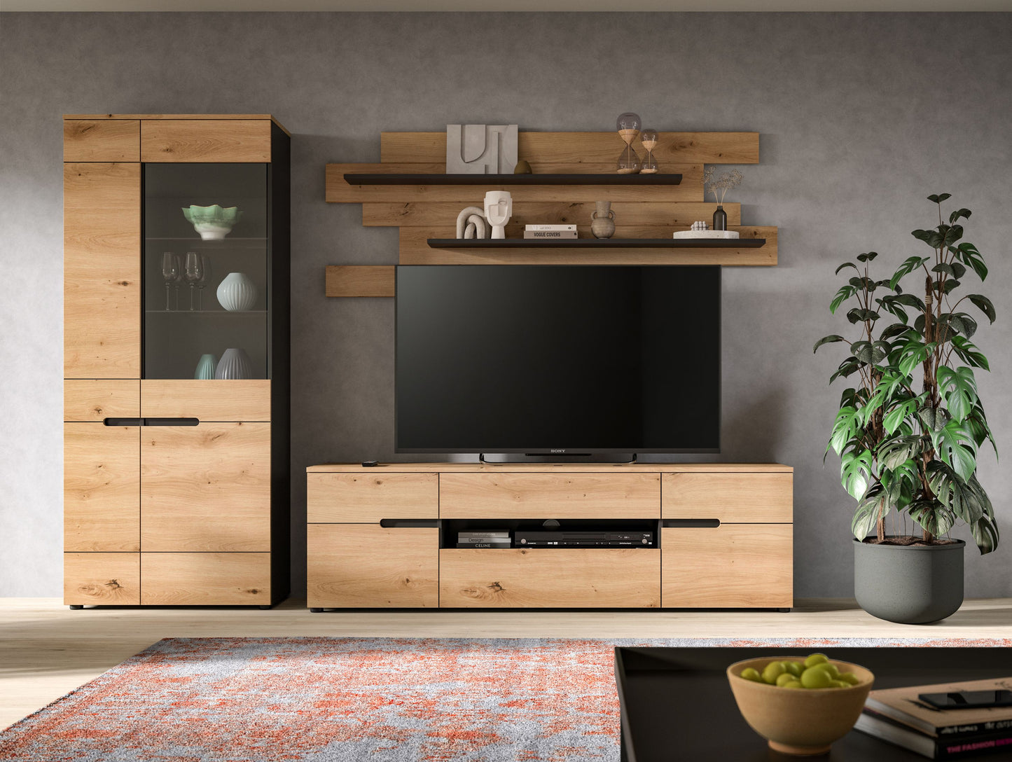 Wohnwand-Set mit Vitrine und TV-Lowboard; Holzdekor, dunkle Front, Wandregale