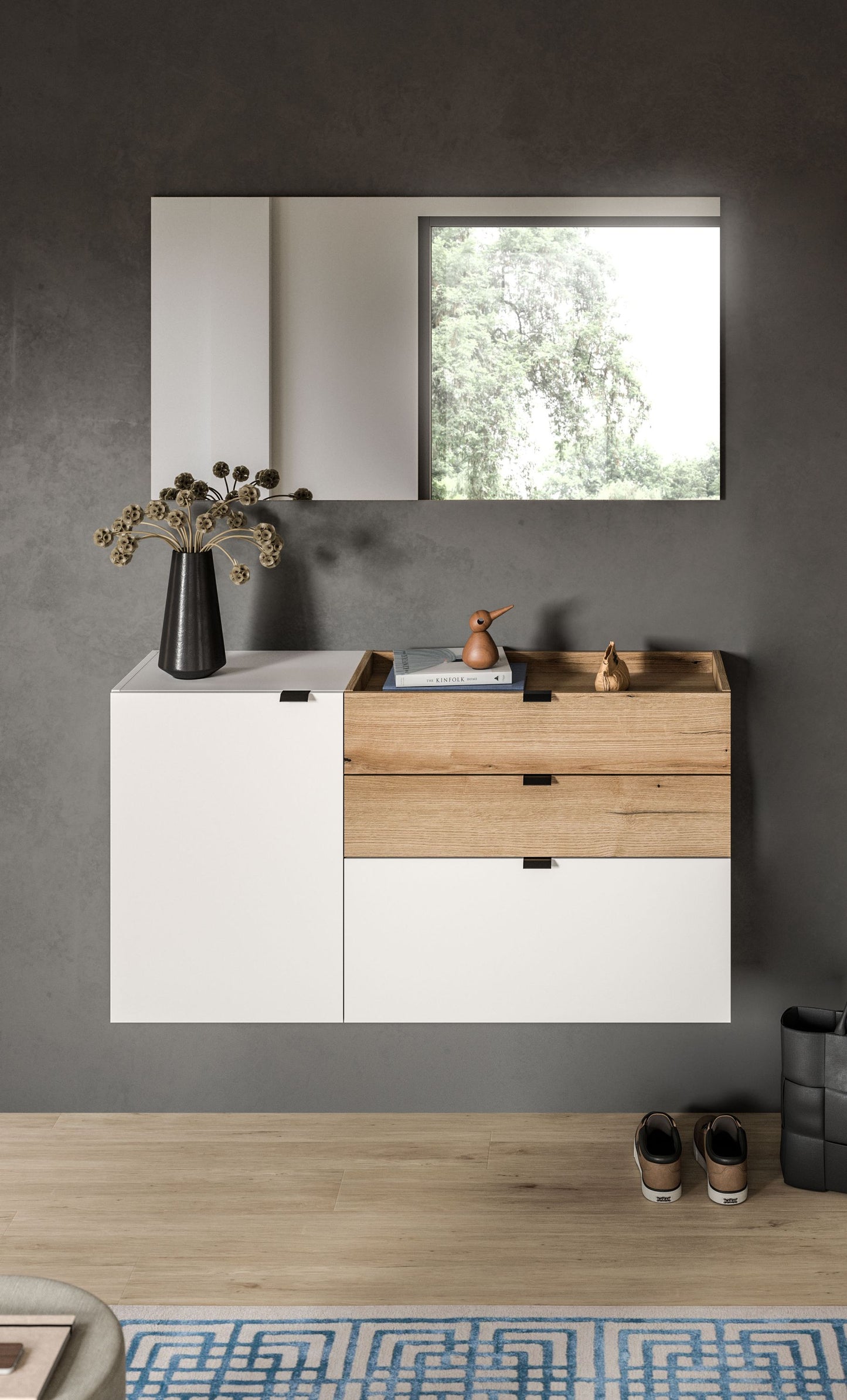 Garderobenset mit Spiegel über weißem Schrank und Holzschubladen