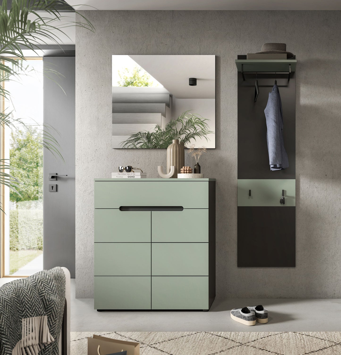 Ensemble de vestiaire CANU (L/H/P : env. 140/190/37 cm) en gris basalte/vert fumée