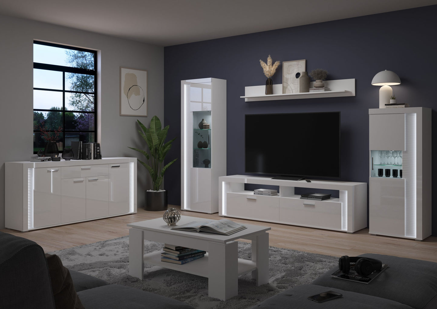 Homes & Jones Wohnwand 4-tlg. inkl. Beleuchtung weiß Hochglanz, TV bis 70 Zoll