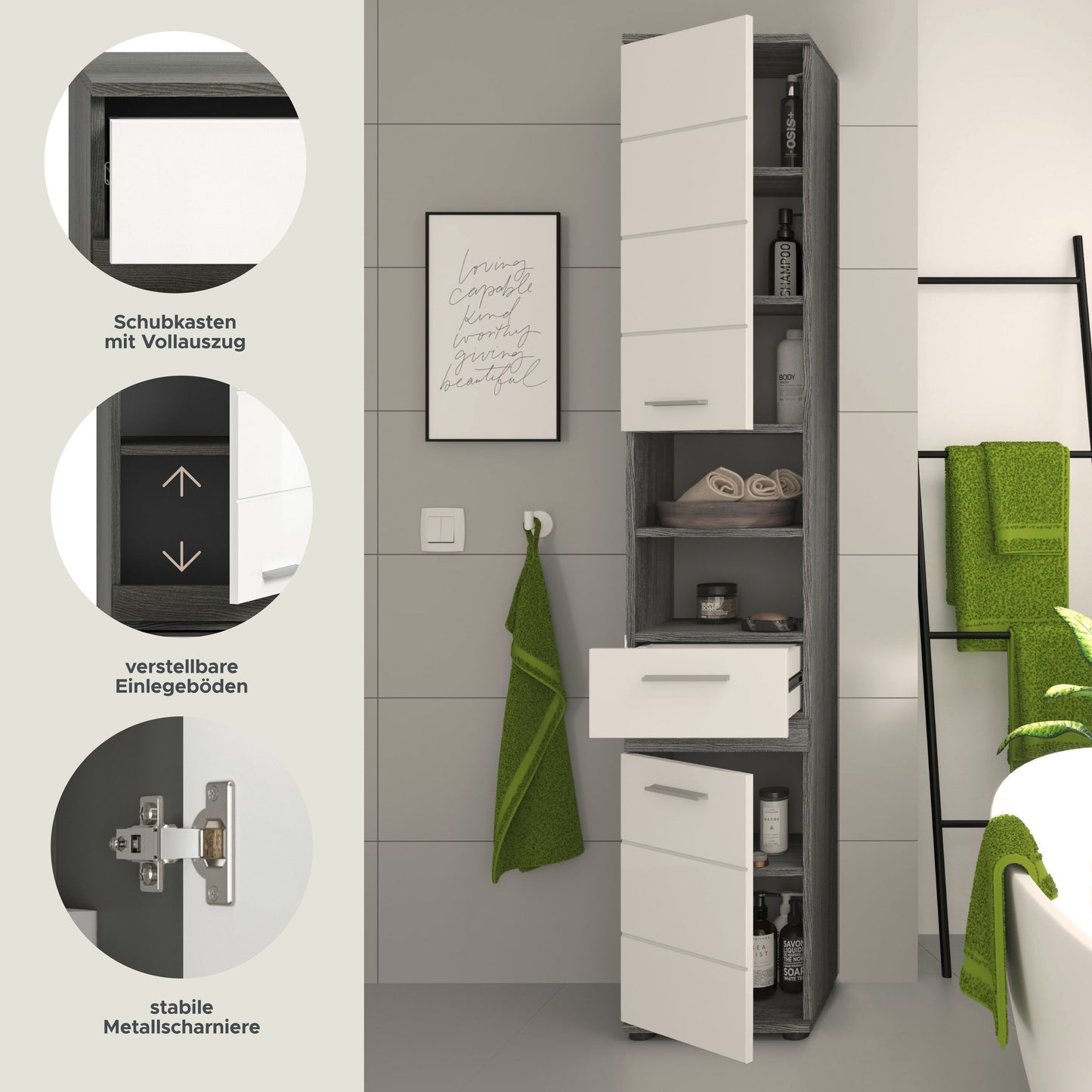 Badhochschrank mit Schubkästen und verstellbaren Einlegeböden, weißer Hochglanz