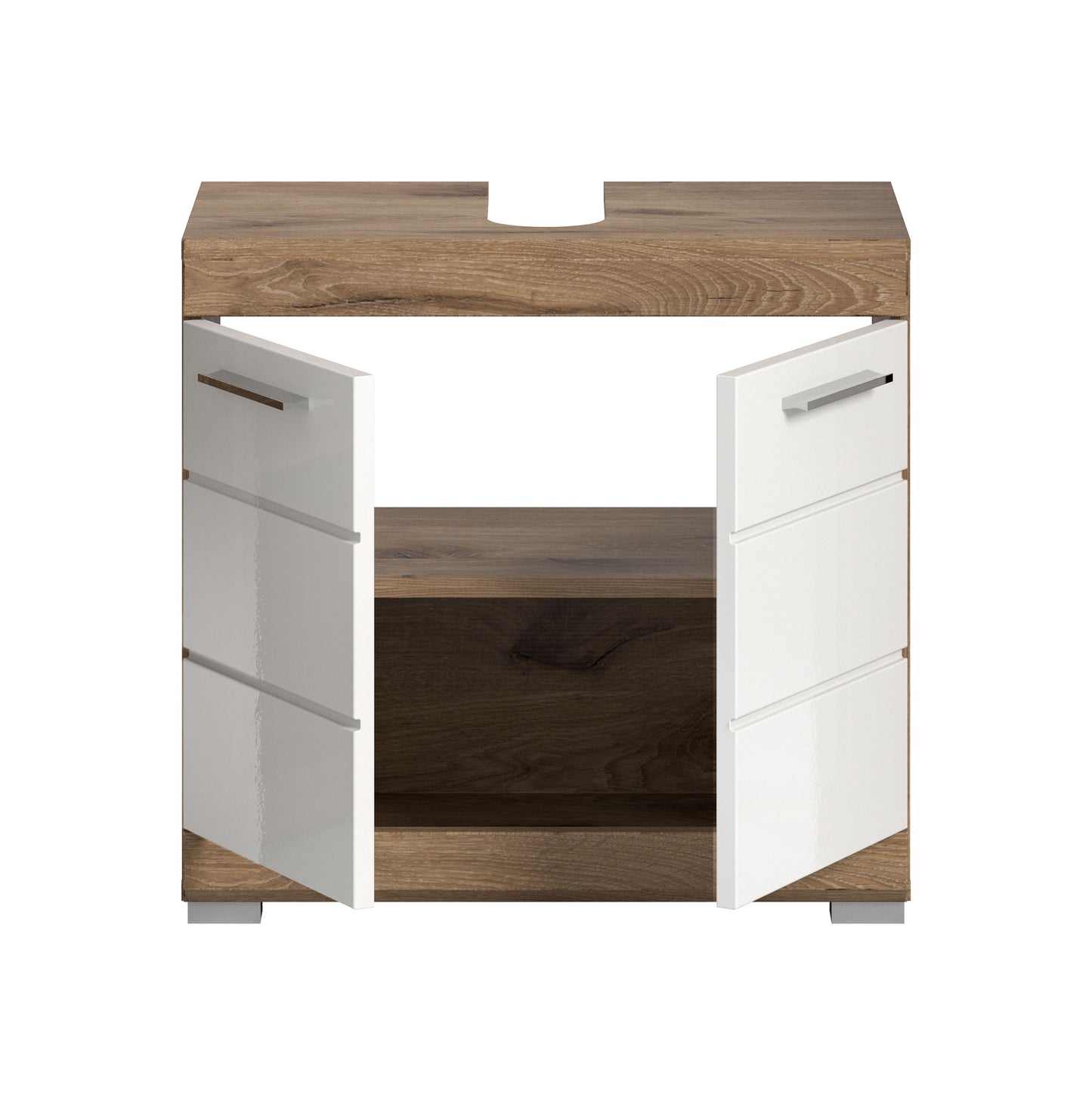 Waschbeckenunterschrank 60 cm, weiß glänzend, geöffnet mit zwei Türen und Innenfach