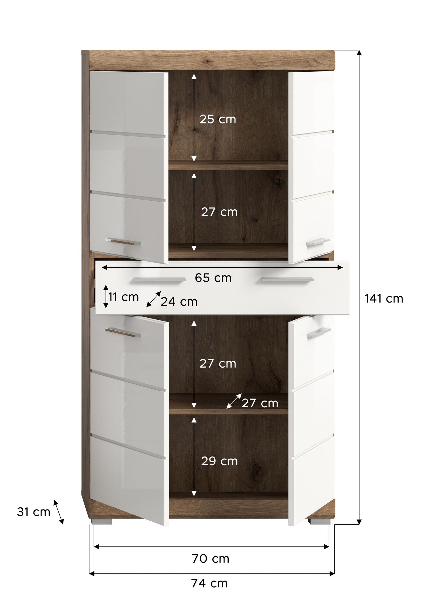 Bad-Hochschrank mit Maßen: 141 cm hoch, 74 cm breit, 31 cm tief