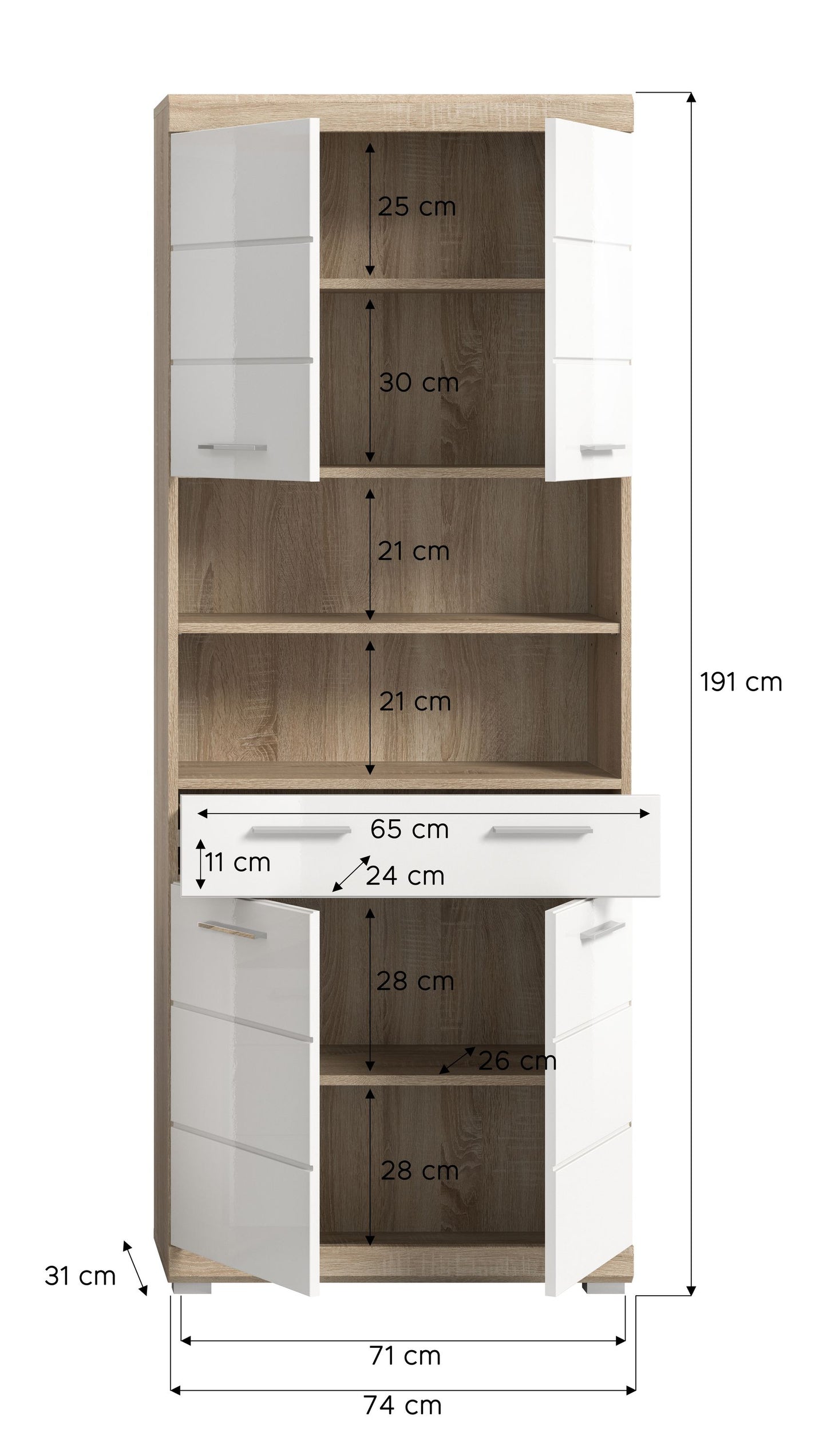 Badezimmerhochschrank mit Maßangaben, weißer Front, Holzinnenboden