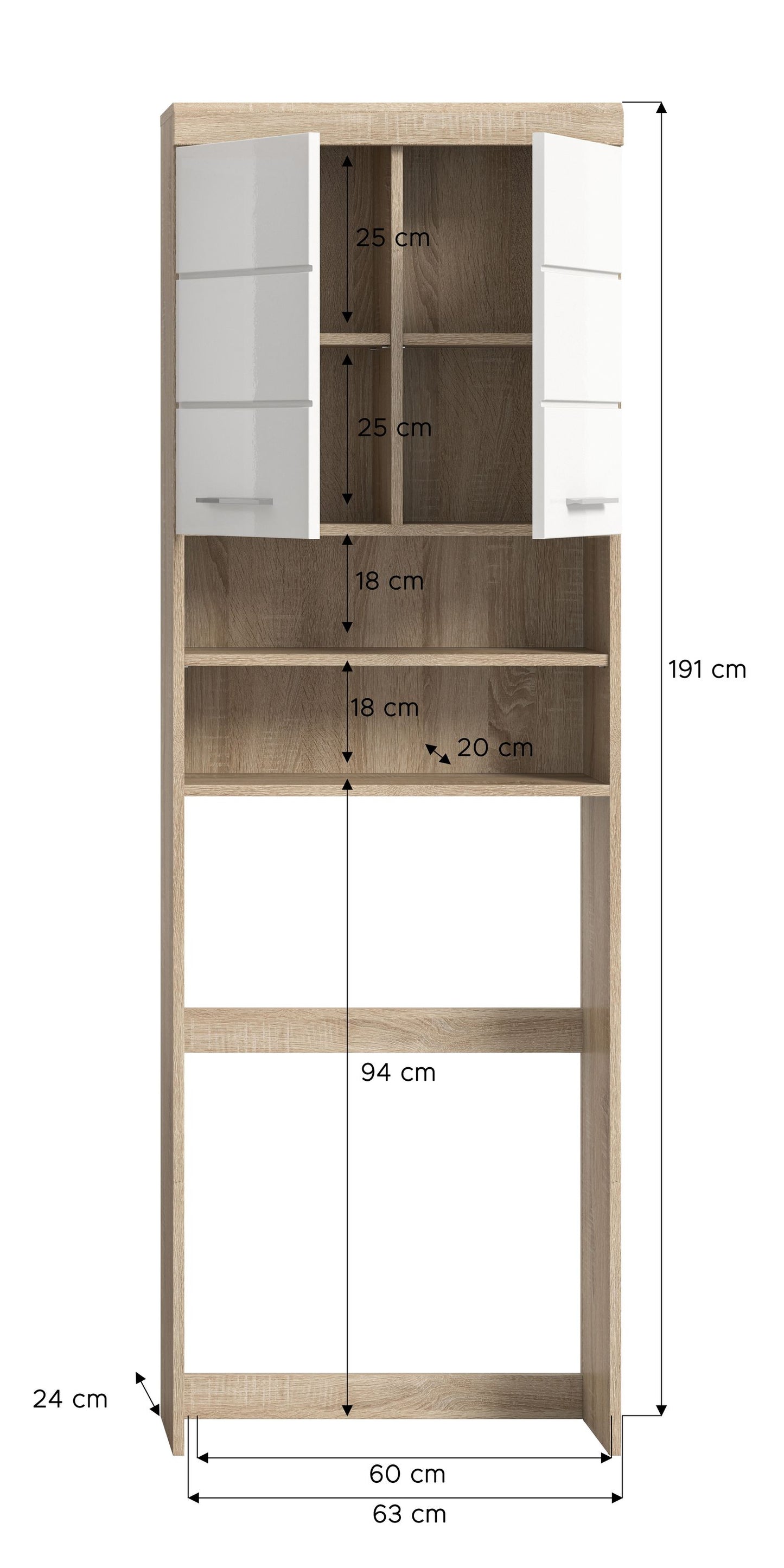 Waschmaschinenregal mit Maßangaben, Holzrahmen und weißen Türen sowie offenen Regalböden