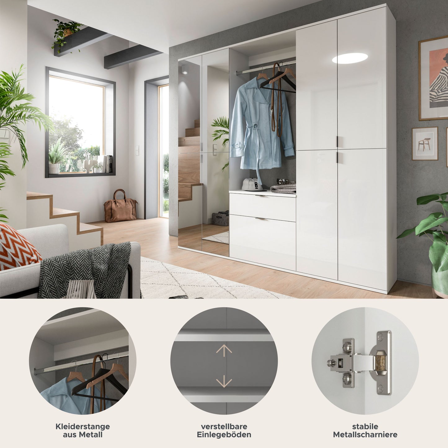 Garderoben-Schrank-Set mit weißen Türen, Detailansicht von Kleiderstange und Beschlägen