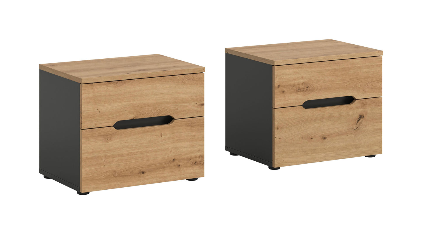 Homes & Jones Nachtkonsolen-Set im Eiche-Look mit schwarzem Schubfachgriff und dunklen Seiten