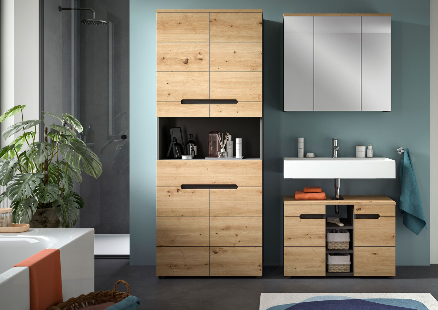 Homes & Jones Badezimmer Set 3tlg. Bad in Holzoptik, mit Badspiegelschrank