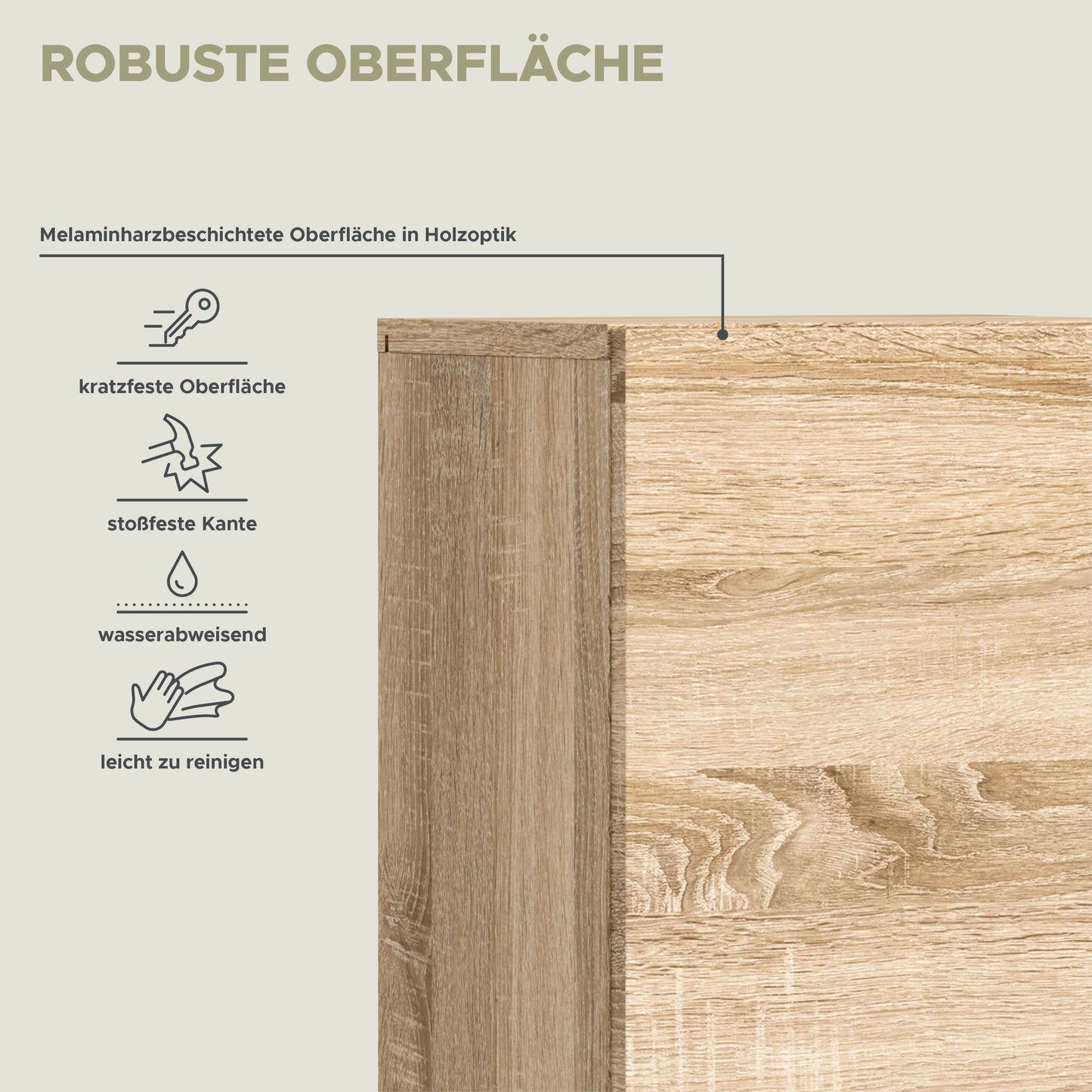 Badschrank-Oberfläche in Eiche Sonoma mit kratzfester, wasserabweisender Melaminbeschichtung.