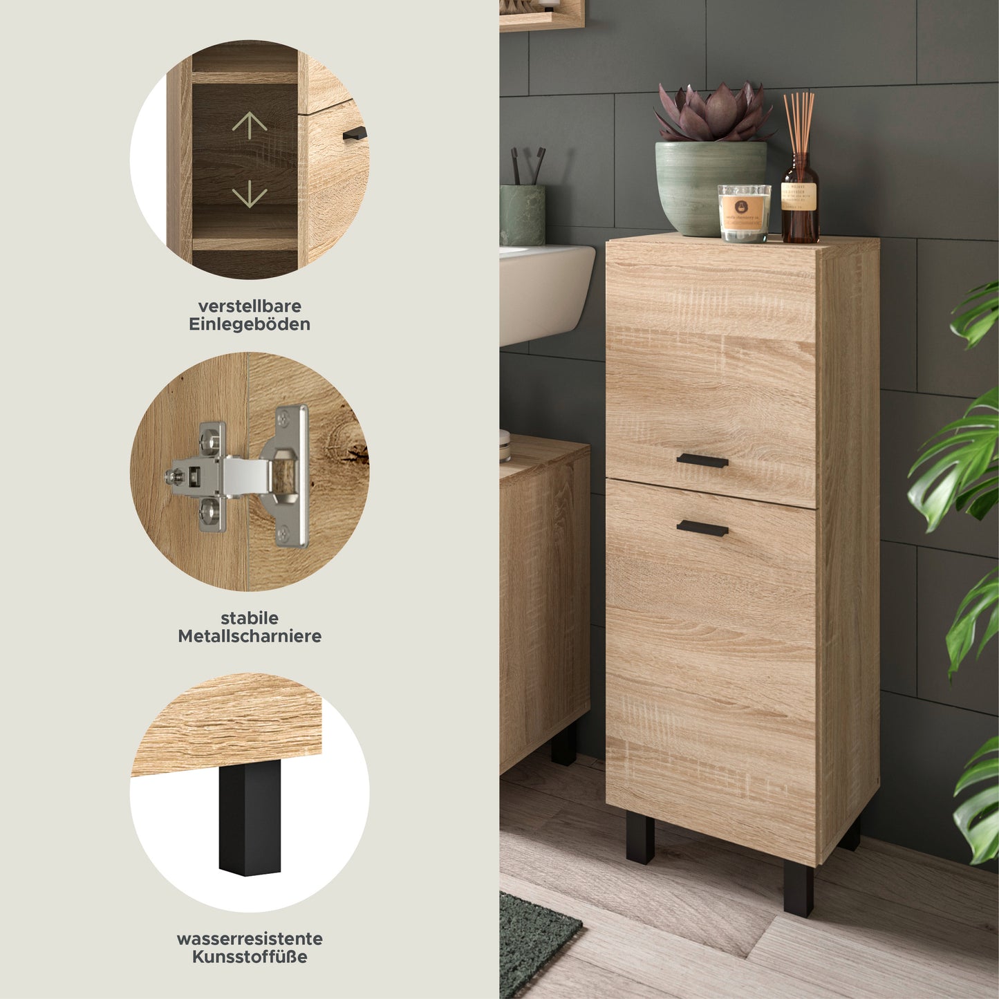 Badezimmerschrank Eiche Sonoma mit Detailgrafiken zu Einlegeböden und Scharnieren