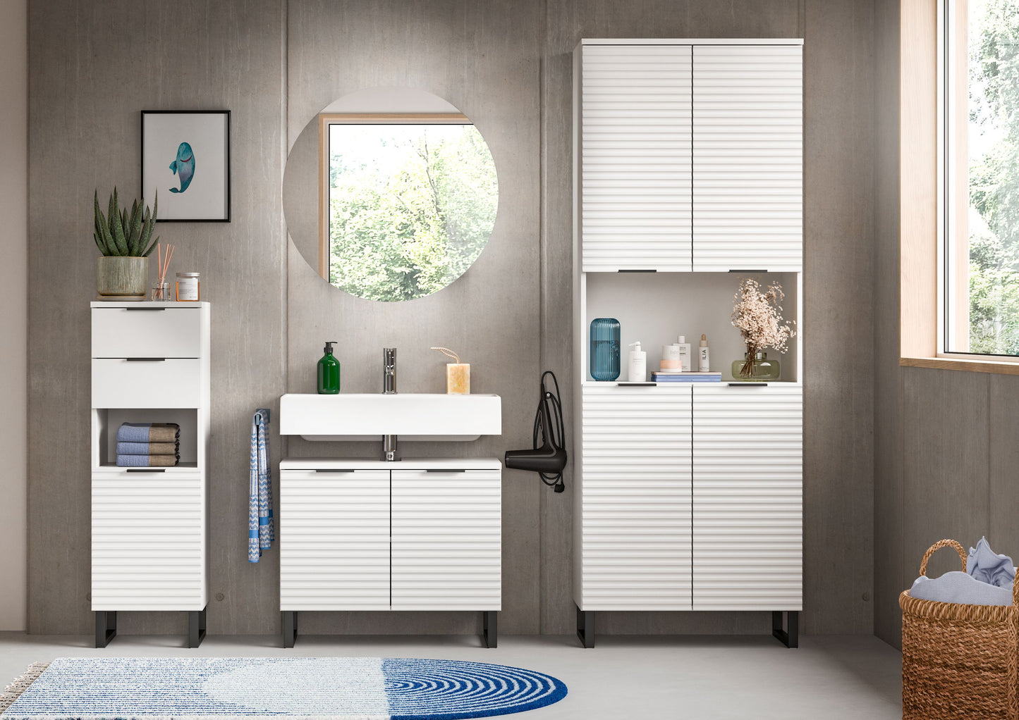 Homes & Jones Badezimmer Set 3tlg. Badmöbelset mit Badmidischrank, Spiegel rund