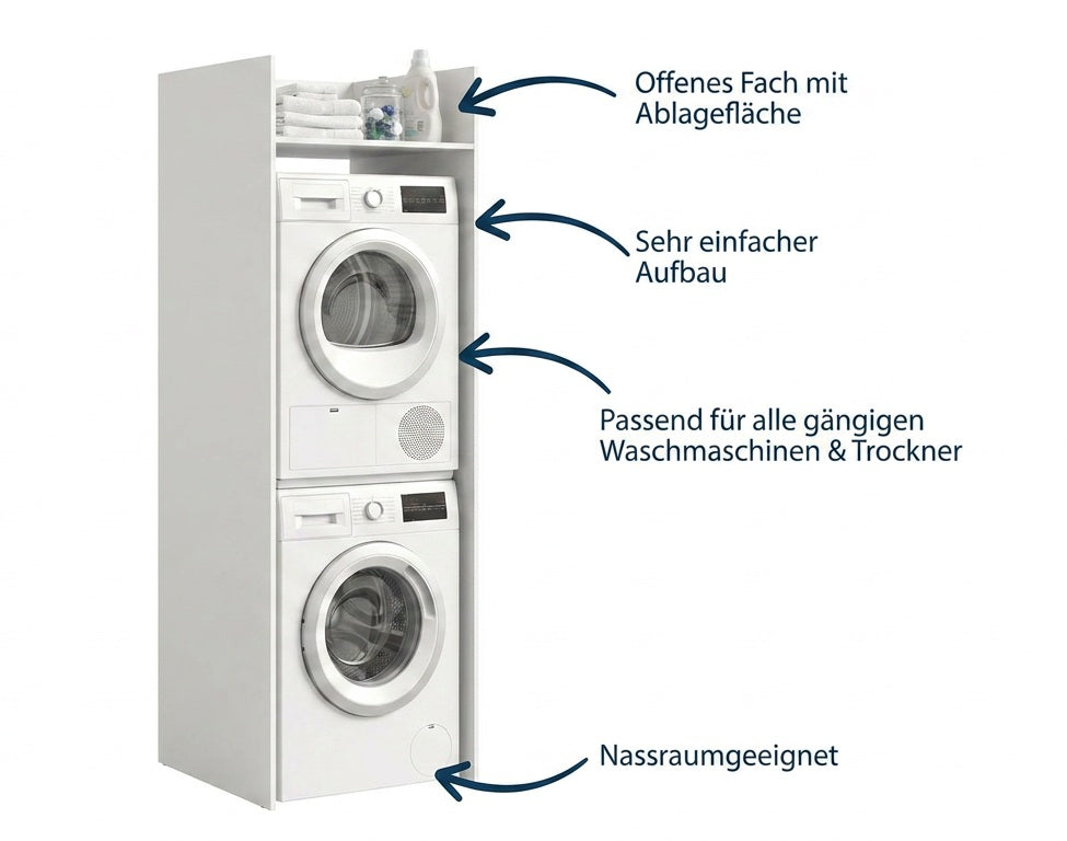 Waschmaschinenschrank in Weiß mit offenem Fach, für Waschmaschine und Trockner