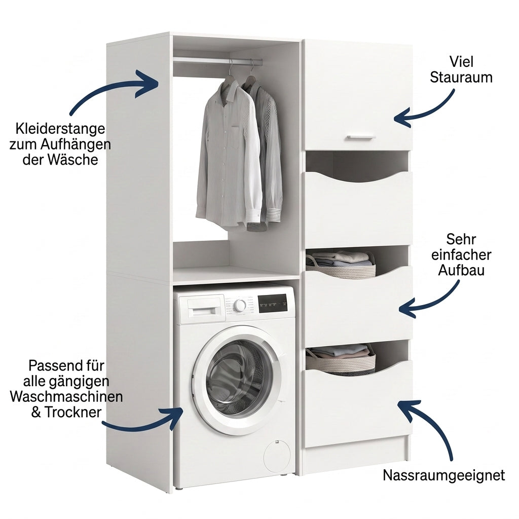 Waschmaschinenschrank-Set mit Kleiderstange und Ablagefächern neben Waschmaschine