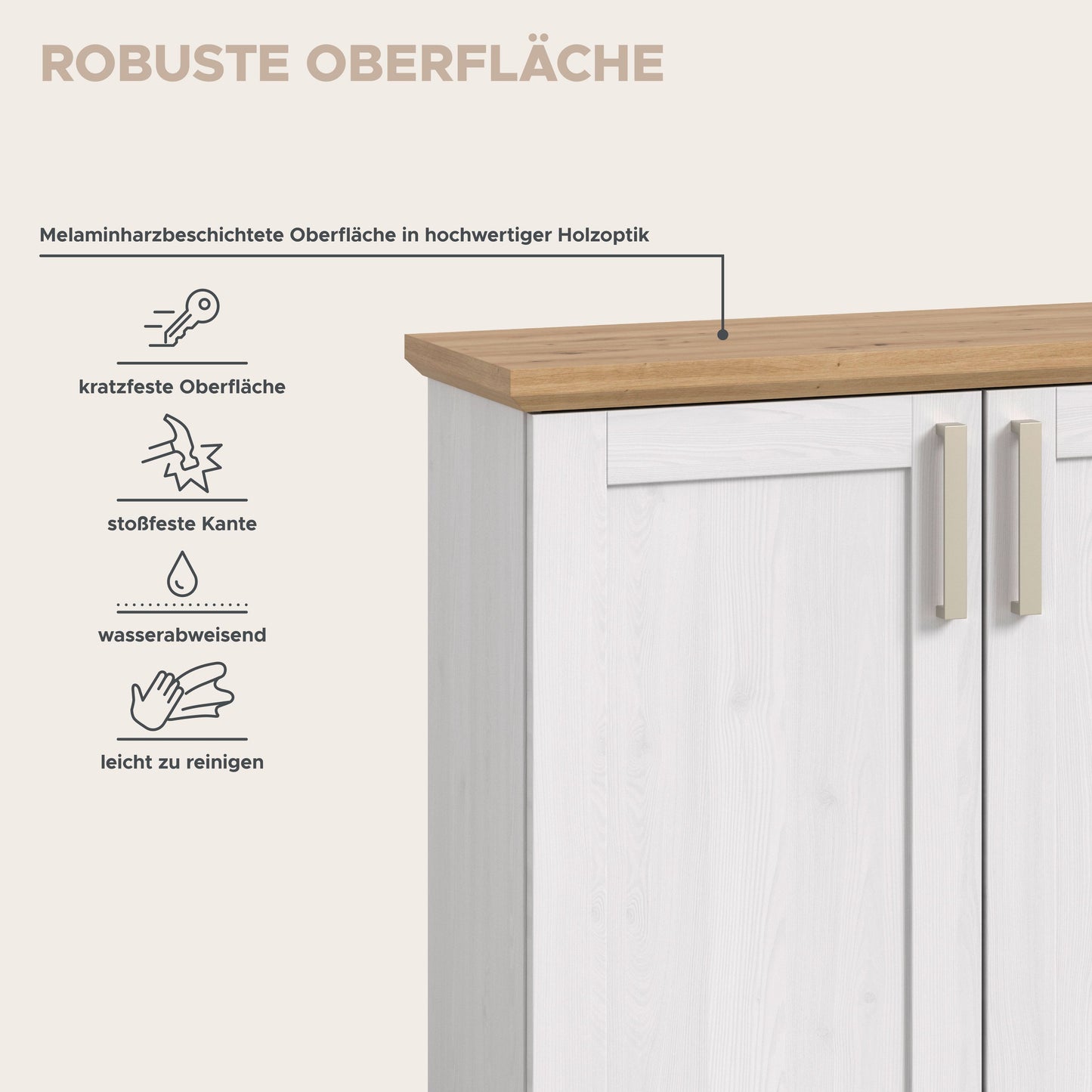Garderobenkommode mit weißer Front und brauner Oberplatte, Griffleisten und glatten Kanten