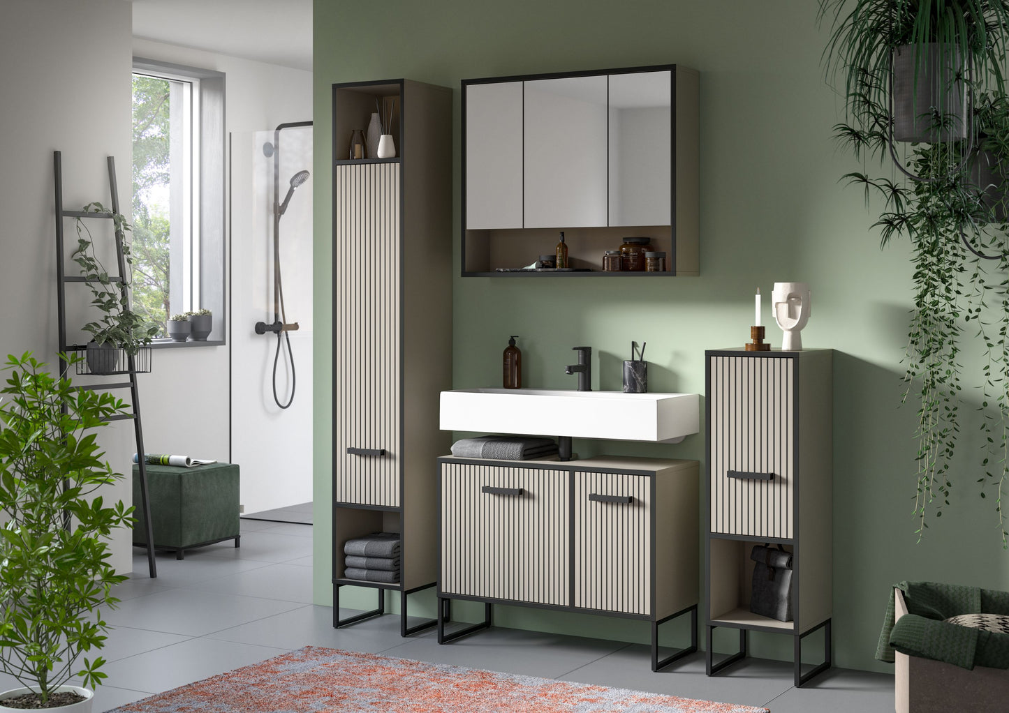 Waschbeckenunterschrank mit zwei Türen und gerippter Beige-Front, dunkles Kufen-Gestell
