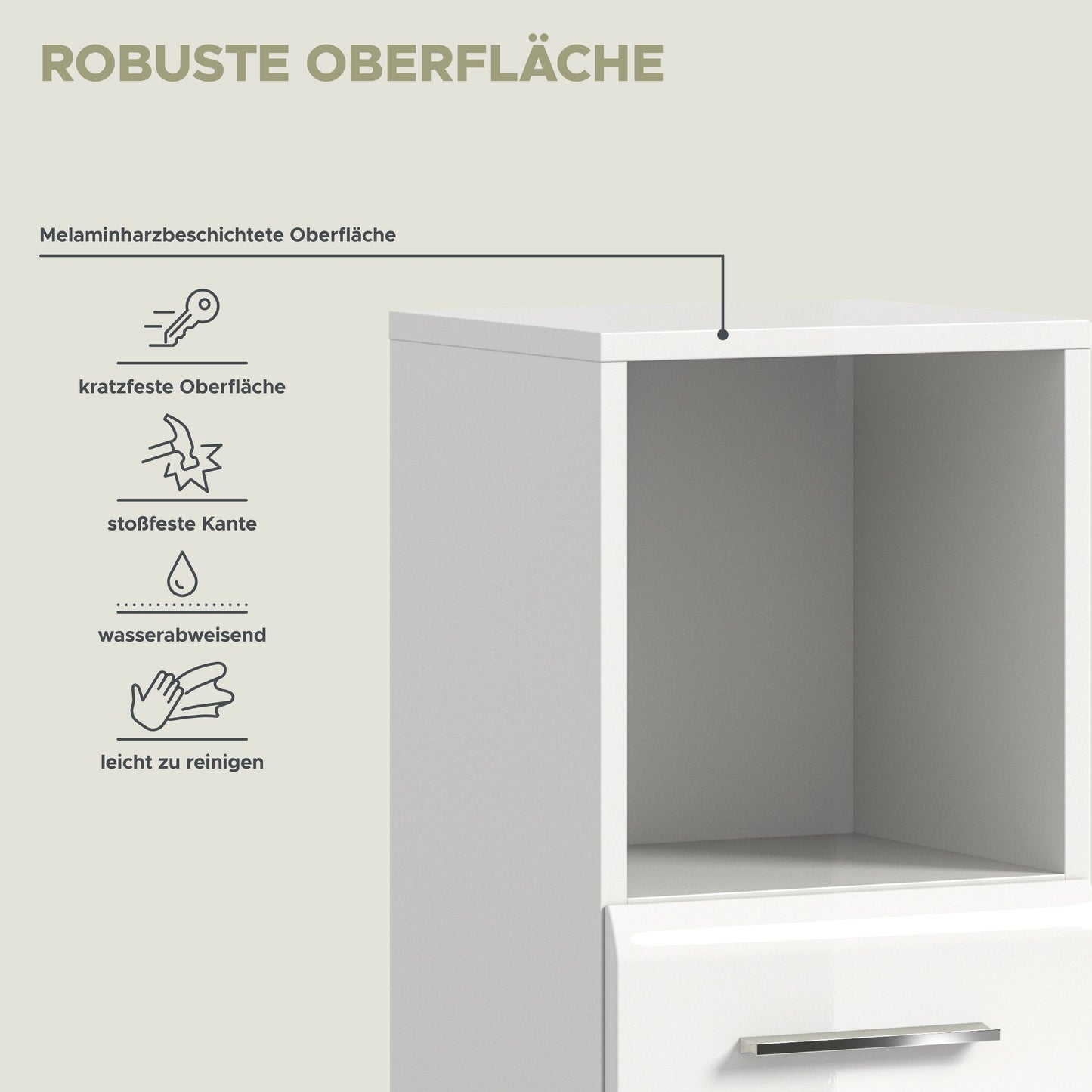 Offenes Schrankfach mit glatter, kratzfester Oberfläche und Metallgriff