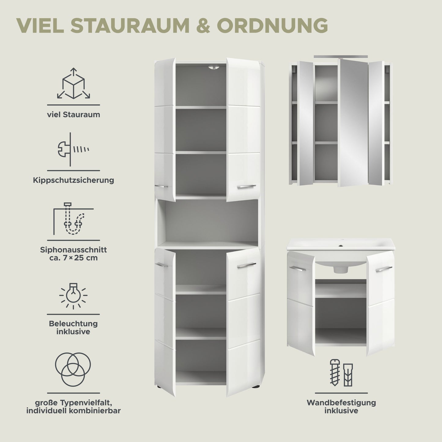 Badmöbel-Set mit Hochschrank, Spiegelschrank und Waschtischkommode; Türen und Fächer offen