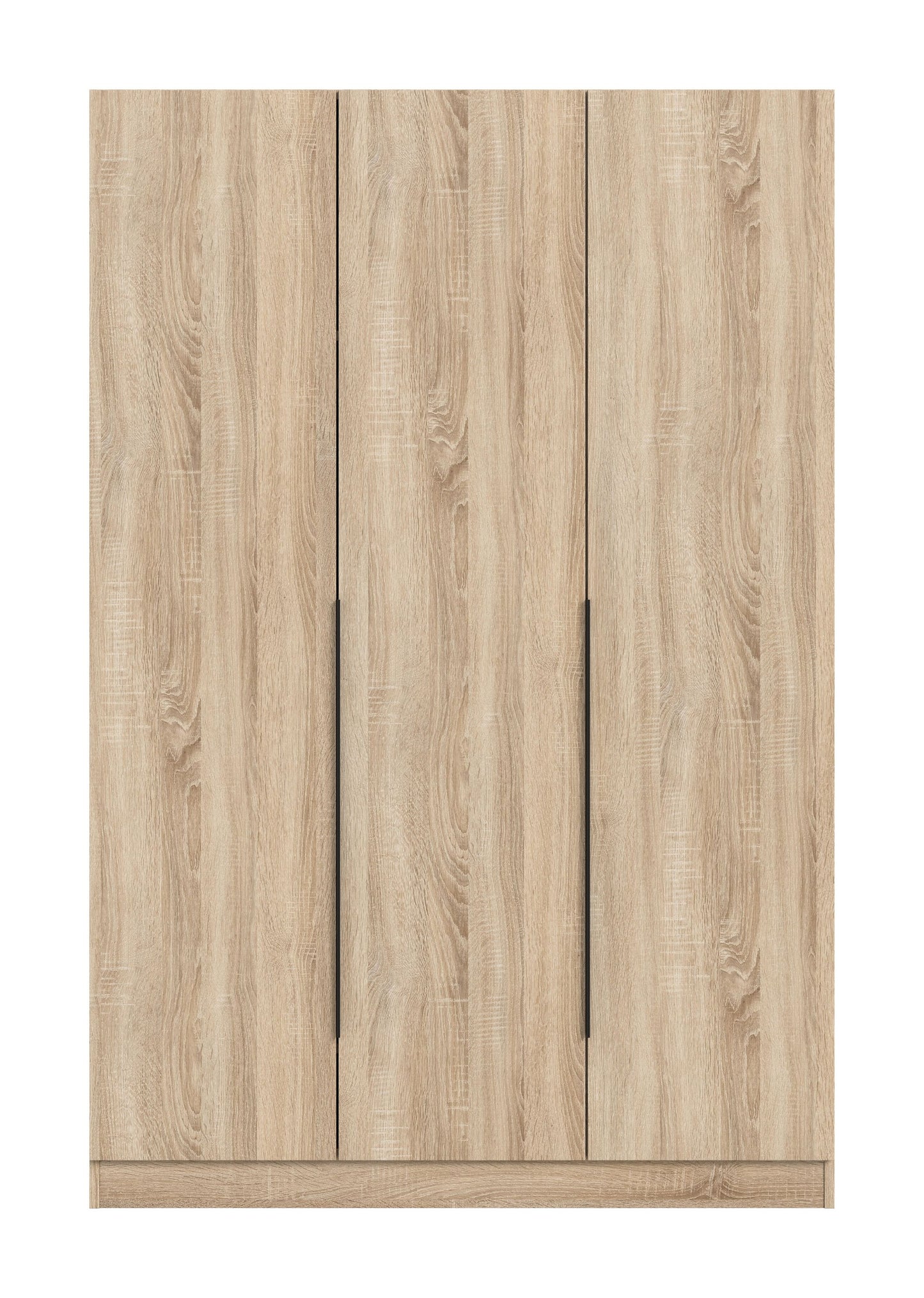3-türiger Schrank mit Holzoptik, hellbraune Frontplatten und drei senkrechte Griffmulden