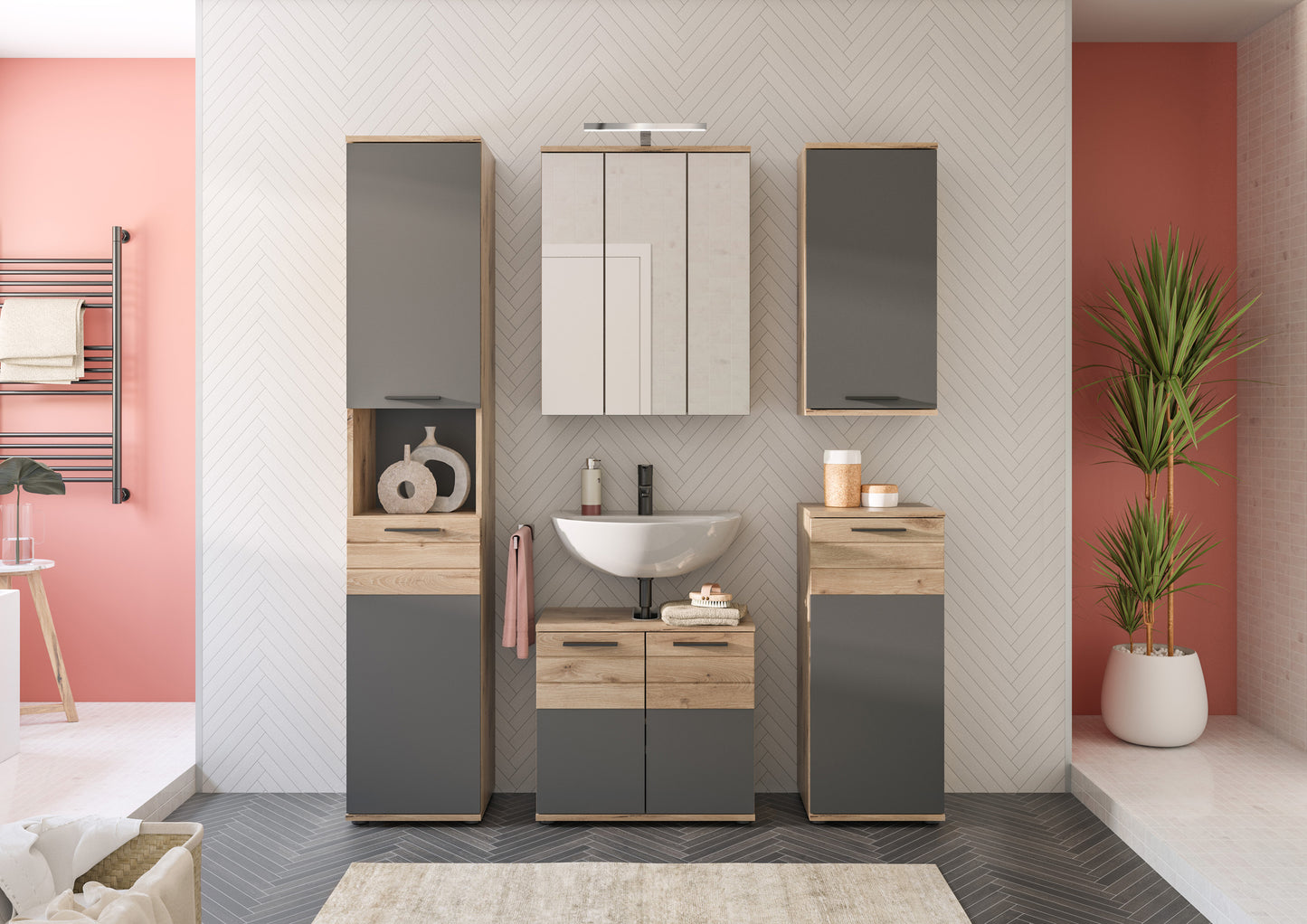 Badmöbel-Set mit geschlossenen Fronten: Spiegelschrank, Waschtischunterschrank und Hochschränken, Holz/Grau