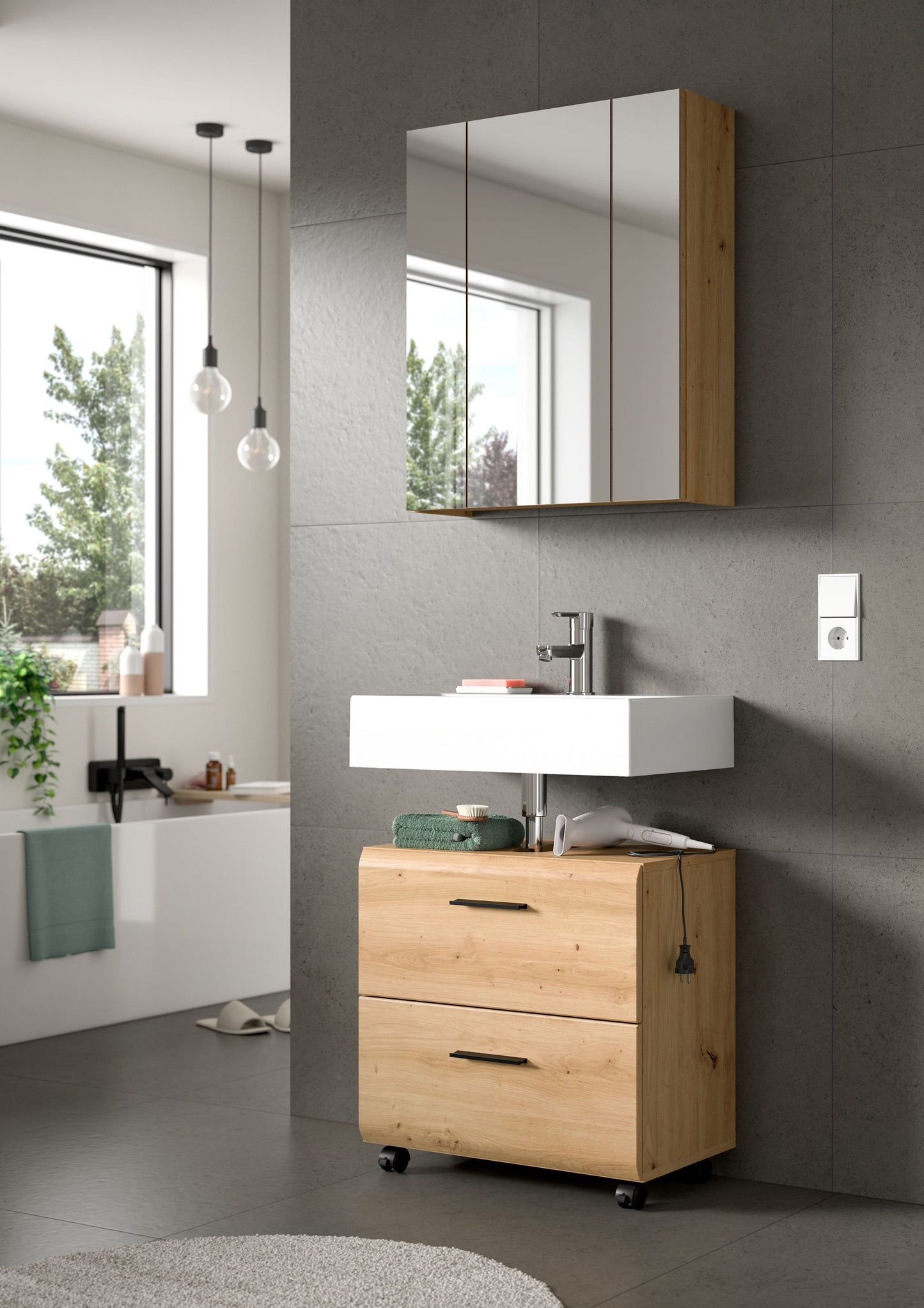 Homes & Jones Badmöbelset 2-tlg., Schrank 60 cm rollbar, Badspiegelschrank 3-trg