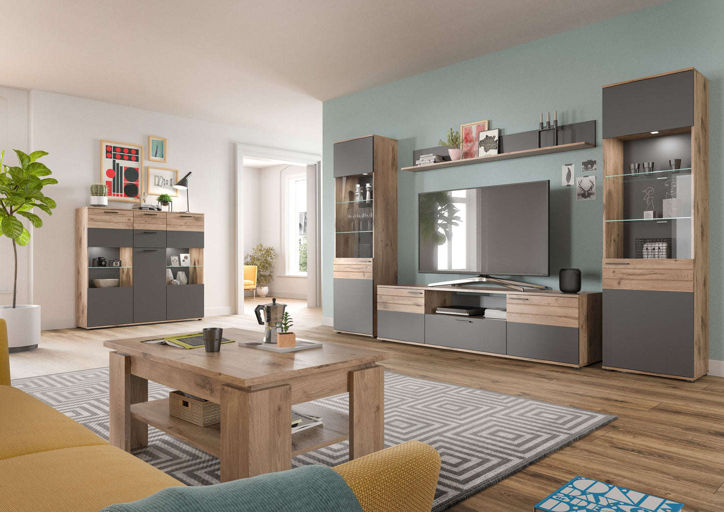 Highboard MASON (L/H/P : env. 140/134/37 cm) en imitation chêne Nox/gris basalte